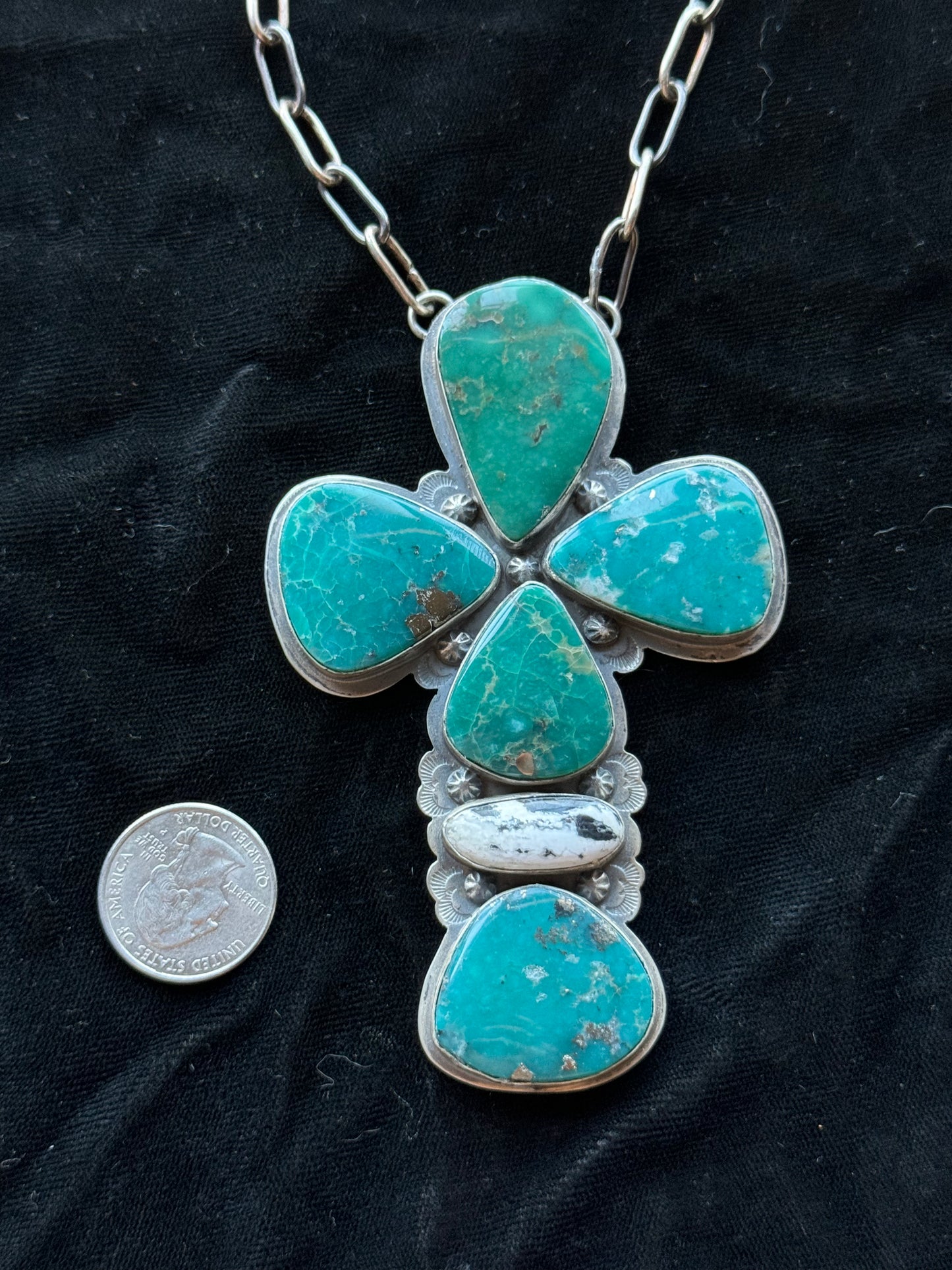 20" Emerald Valley Turquoise and White Buffalo Cross Necklace by Bison, Navajo