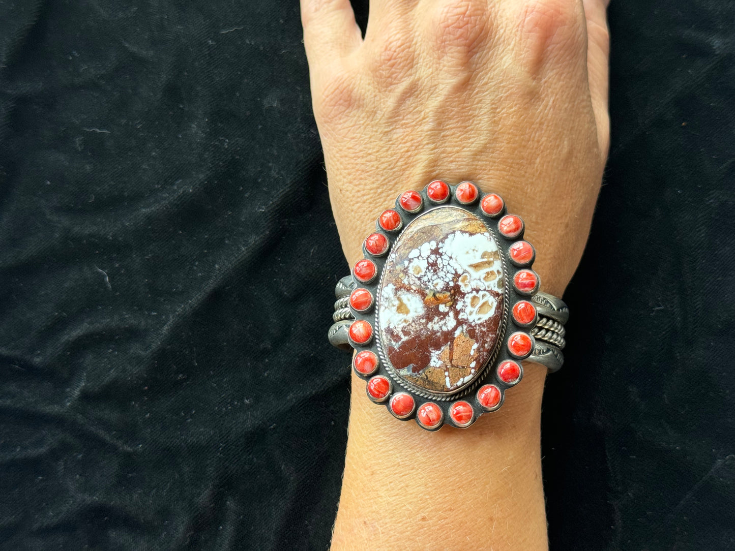 6 1/2" Cuff Wild Horse and Red Spiny Oyster Cluster by Steven Nez, Navajo