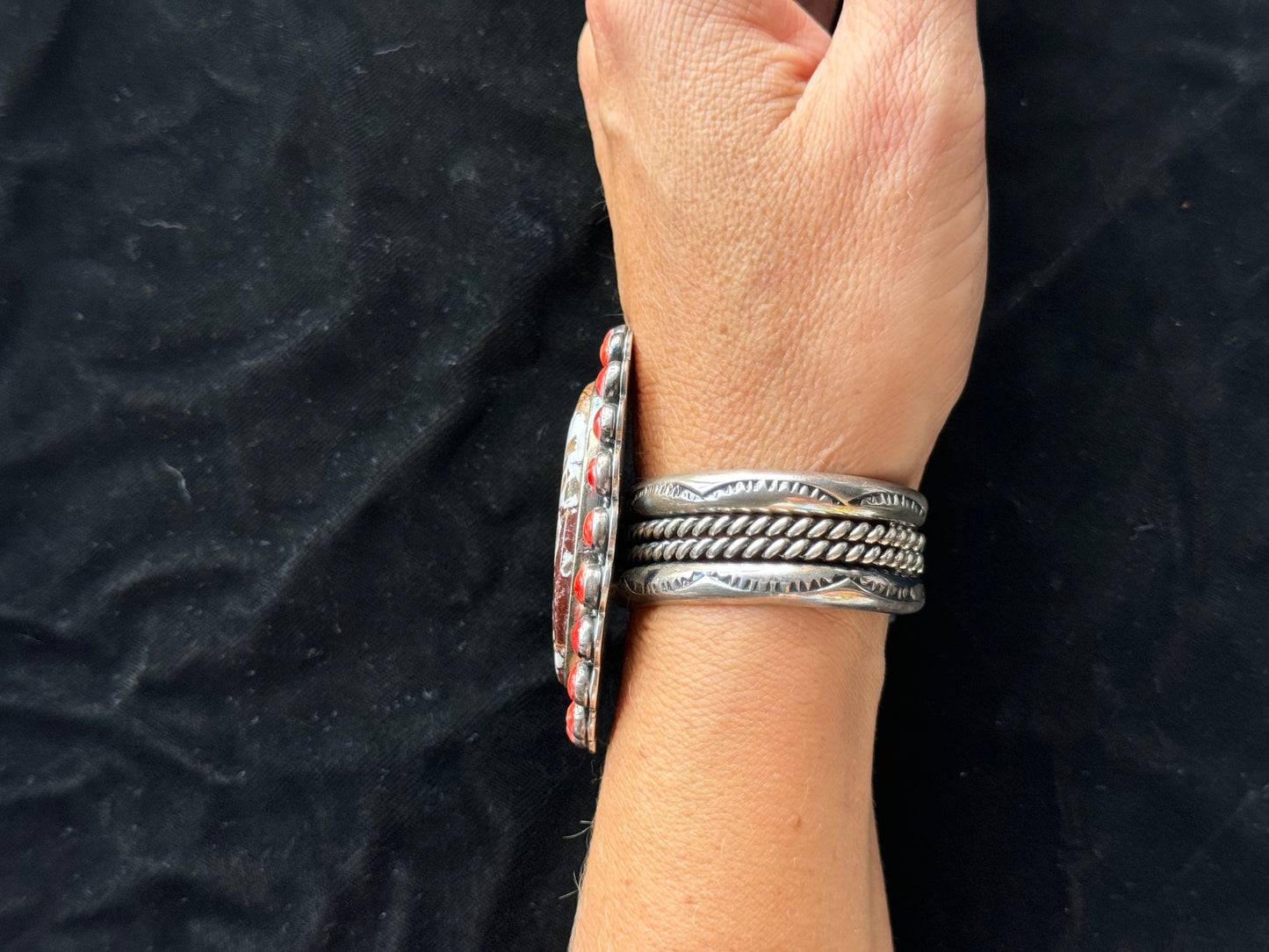 6 1/2" Cuff Wild Horse and Red Spiny Oyster Cluster by Steven Nez, Navajo