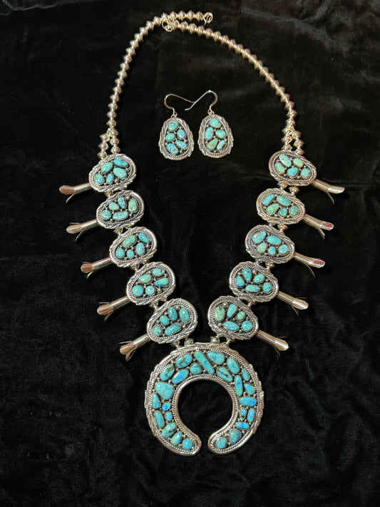 24" Kingman Turquoise Squash Blossom with Matching Dangle Earrings by A. Spencer, Navajo