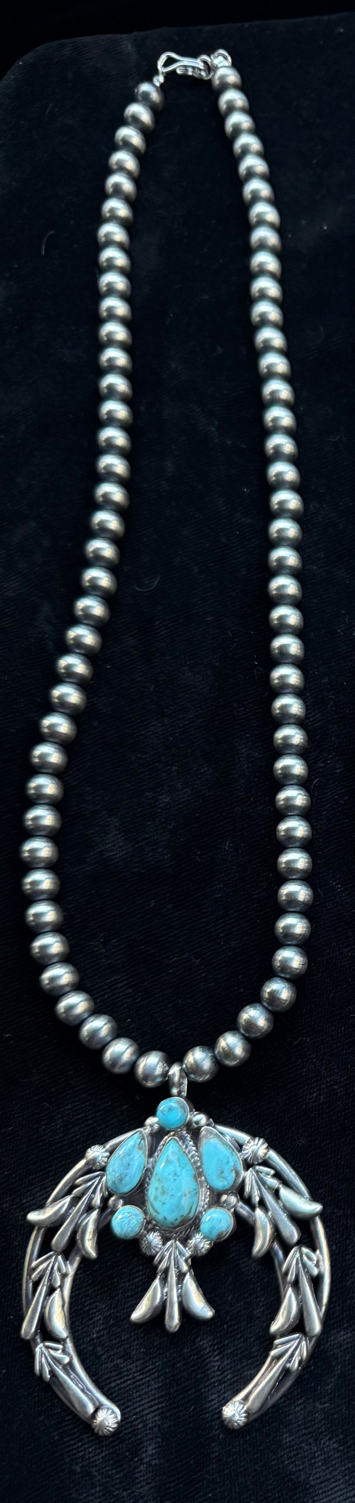 20" 7mm Navajo Style Pearls with Turquoise Cluster Naja by Bobby Platero, Navajo