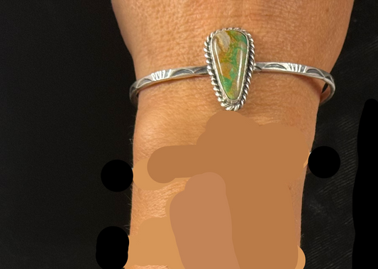 Single Stone Royston Turquoise Cuff on Stamped Wire by Donovan Skeet, Navajo