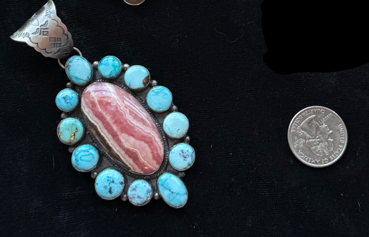 Golden Hills Turquoise and Rhodochrosite Cluster Pendant by L. Begay, Navajo