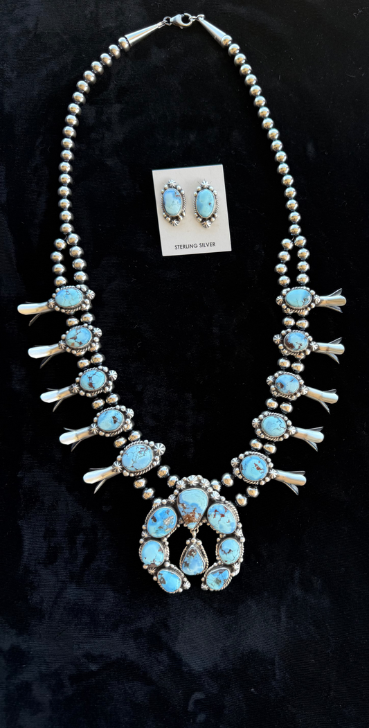 26" Golden Hills Turquoise Squash Blossom Necklace and Earring Set by Elouise Kee, Navajo