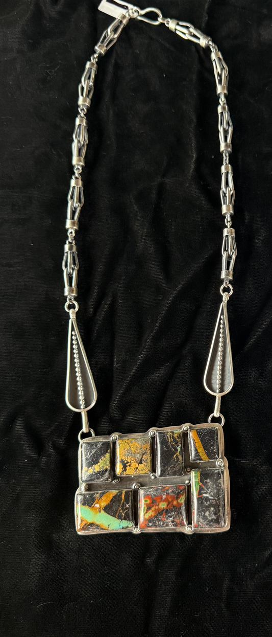 23" Black Jack Turquoise 7 Stone Necklace by Gabby Jurardo, Mexican