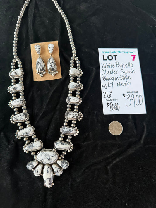 White Buffalo Cluster Necklace with Earrings by LY, Navajo
