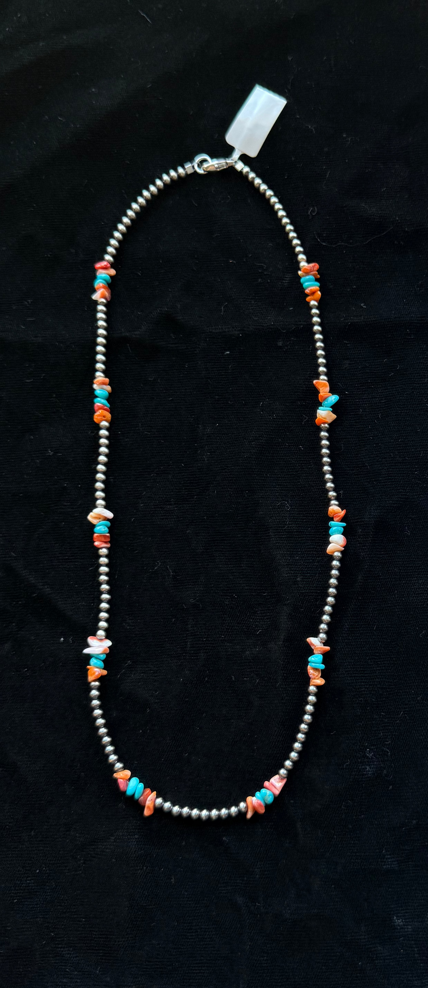 19" 3mm Navajo Style Pearls with Orange Spiny Oyster and Turquoise Chunks
