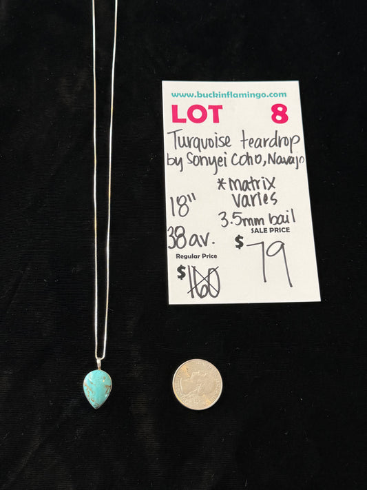LOT 8 1/25      18" Turquoise Teardrop Necklace by Sonyei Coho, Navajo