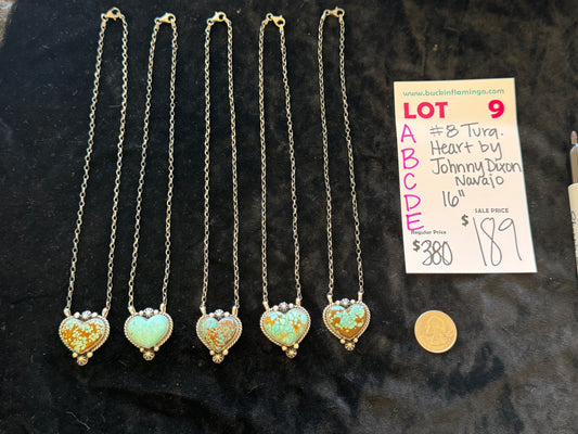 LOT 9 E 4/12 #8 Turquoise Heart 16" Necklace by Johnny Dixon, Navajo