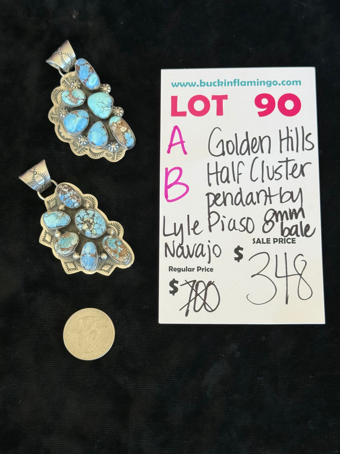 LOT 90 A 4/12 Golden Hills Turquoise Half Cluster Pendant 8mm bale by Lyle Piaso, Navajo