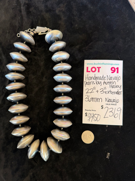LOT 91 4/12 Handmade Navajo Pearls 22"+3" Extender 36mm by Austin Haley, Navajo