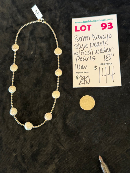 LOT 93 4/12 3mm Navajo Style Pearls with Fresh Water Pearls 18"