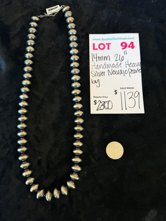 LOT 94 4/12 14mm 26" Handmade Heavy Silver Navajo Pearls