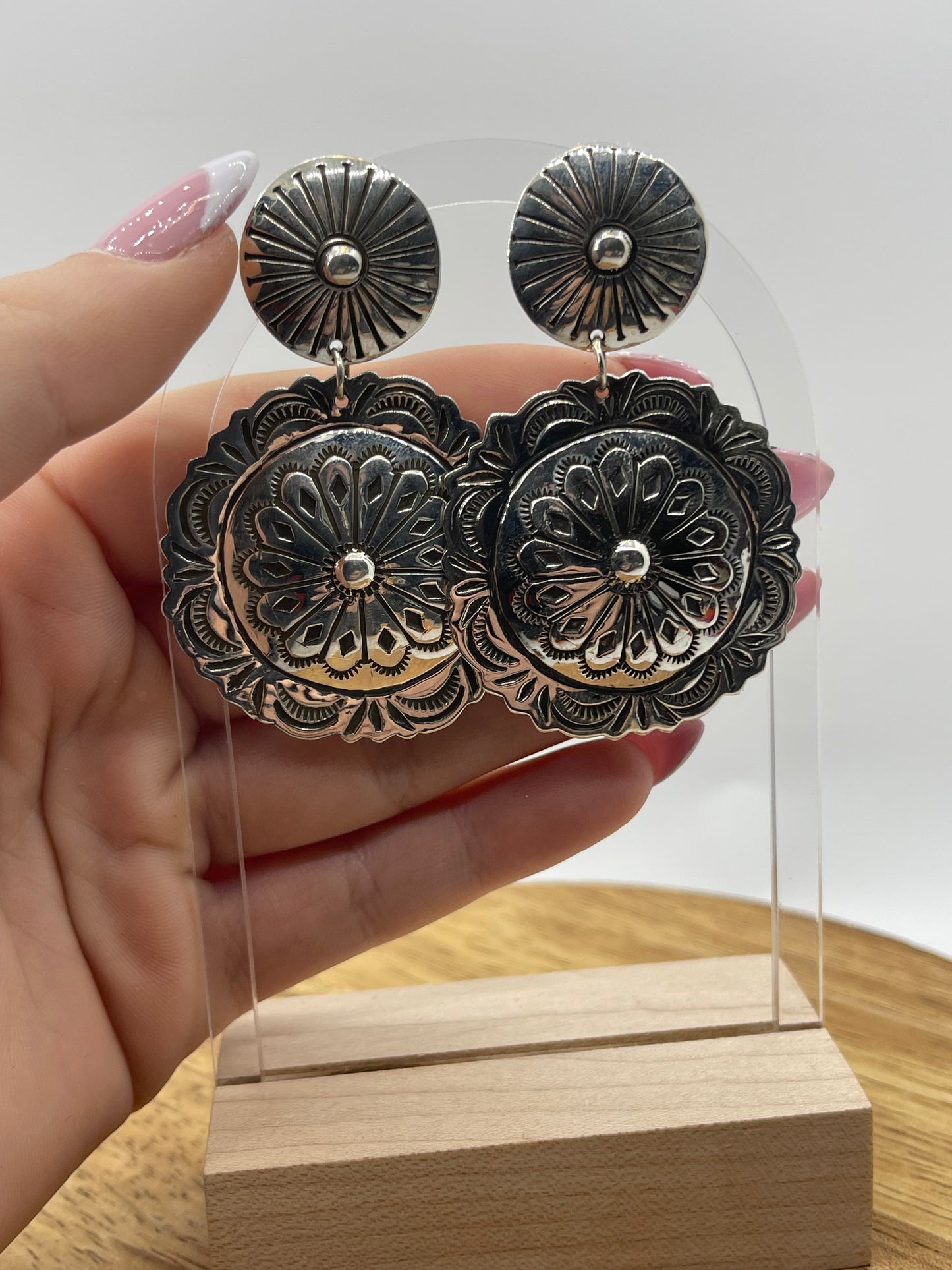 Silver Double Concho Post Dangles by Genevieve Blackgoat, Navajo