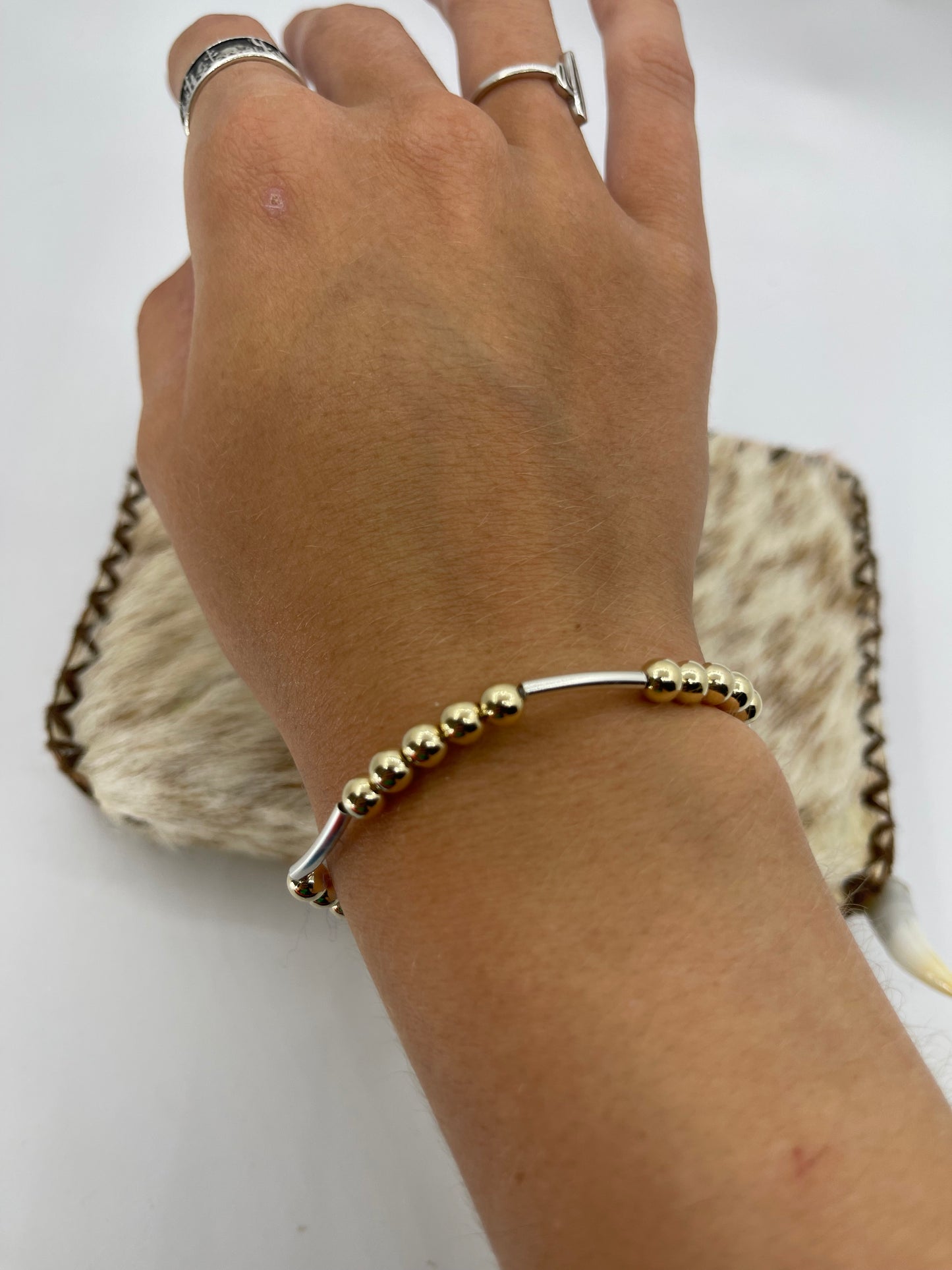 6 1/4" Stretchy Sterling Silver and 14k Gold Filled Beaded Bracelet