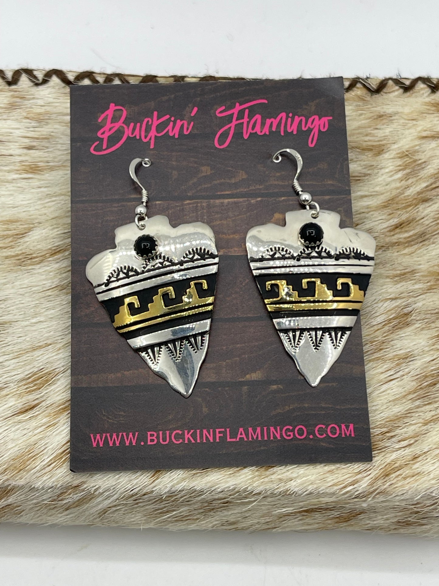 Black Onyx Brass and Silver Arrowhead Dangle Earrings by Tommy and Rose Singer, Navajo