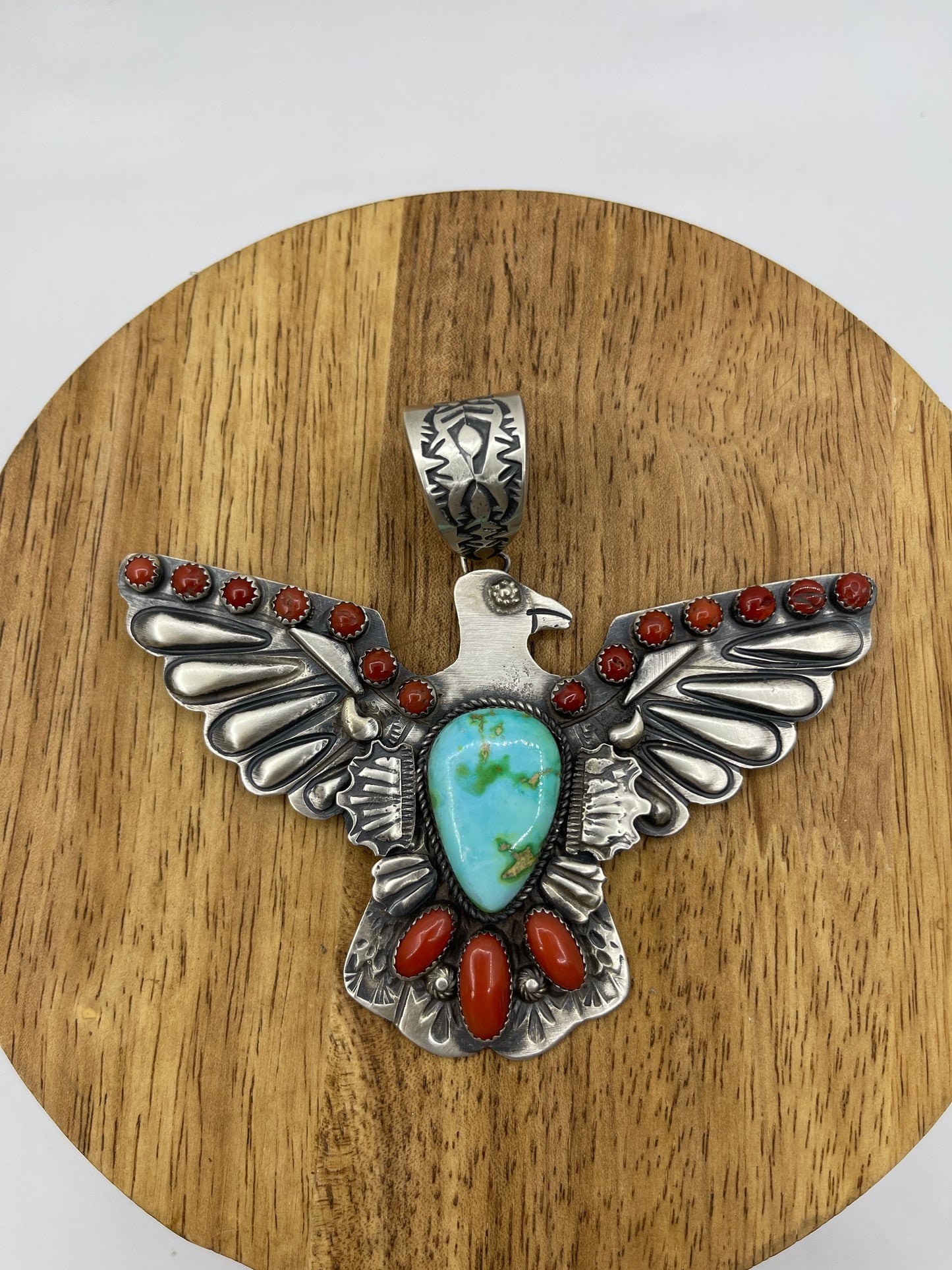 Red Coral and Sonoran Gold Turquoise Thunderbird Pendant with a 16mm Bale by Richard Yazzie, Navajo