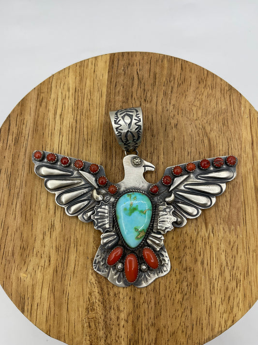 Red Coral and Sonoran Gold Turquoise Thunderbird Pendant with a 16mm Bale by Richard Yazzie, Navajo