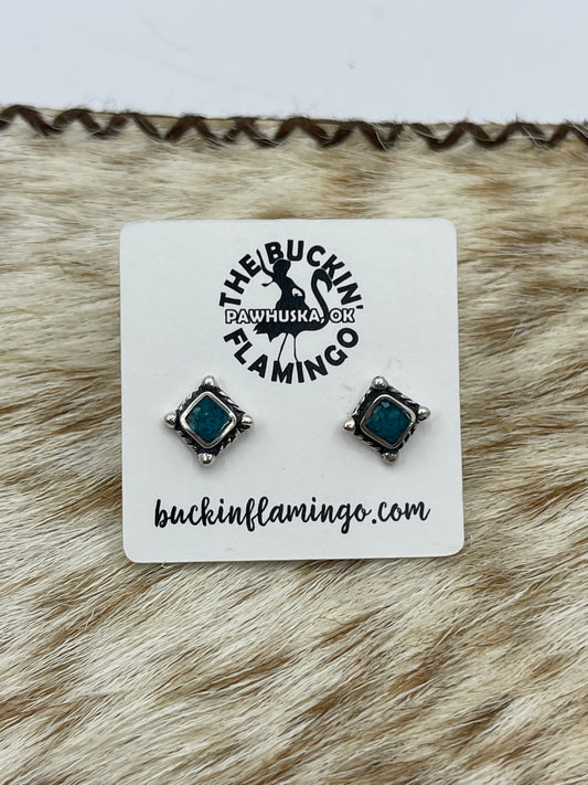 Small Square Turquoise Chip Inlay Post Earrings