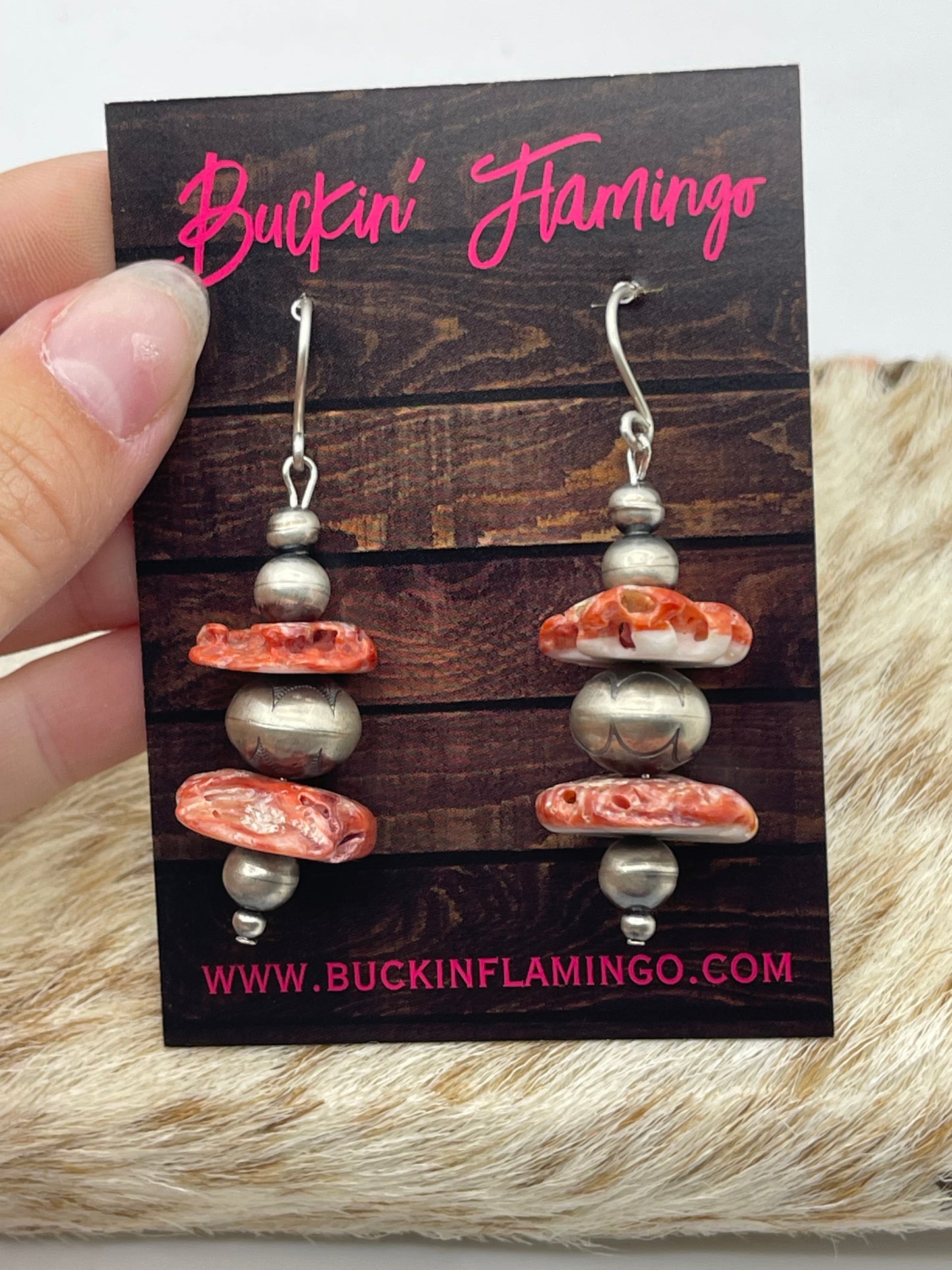 Red/Orange Spiny Oyster Shell and Navajo Pearls Dangle Earrings