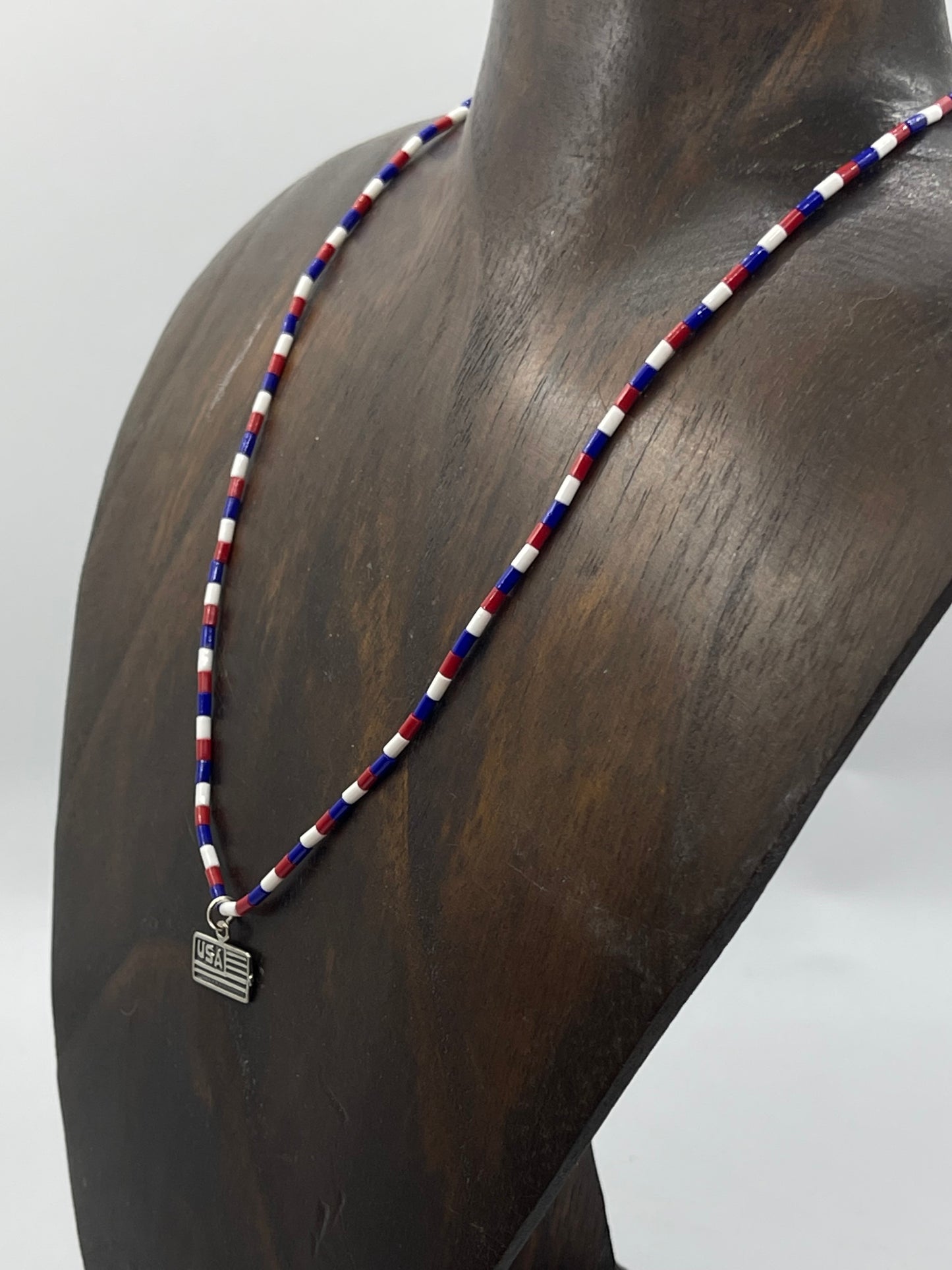 16" Coral, Lapis, and Magnesite Beaded Necklace with Silver American Flag Charm