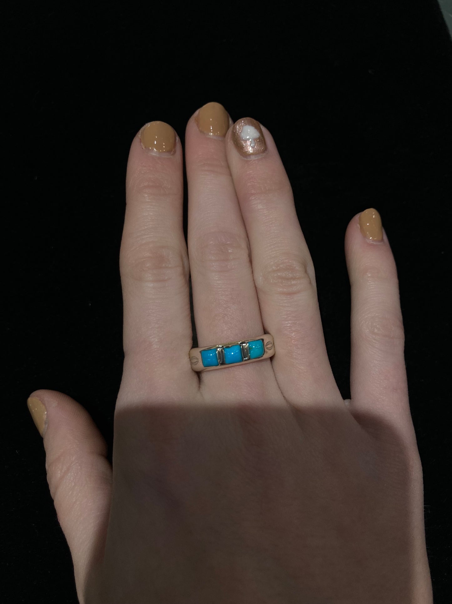 7.5 3 Stone Square Turquoise Ring by Adrienne Gordon, Navajo