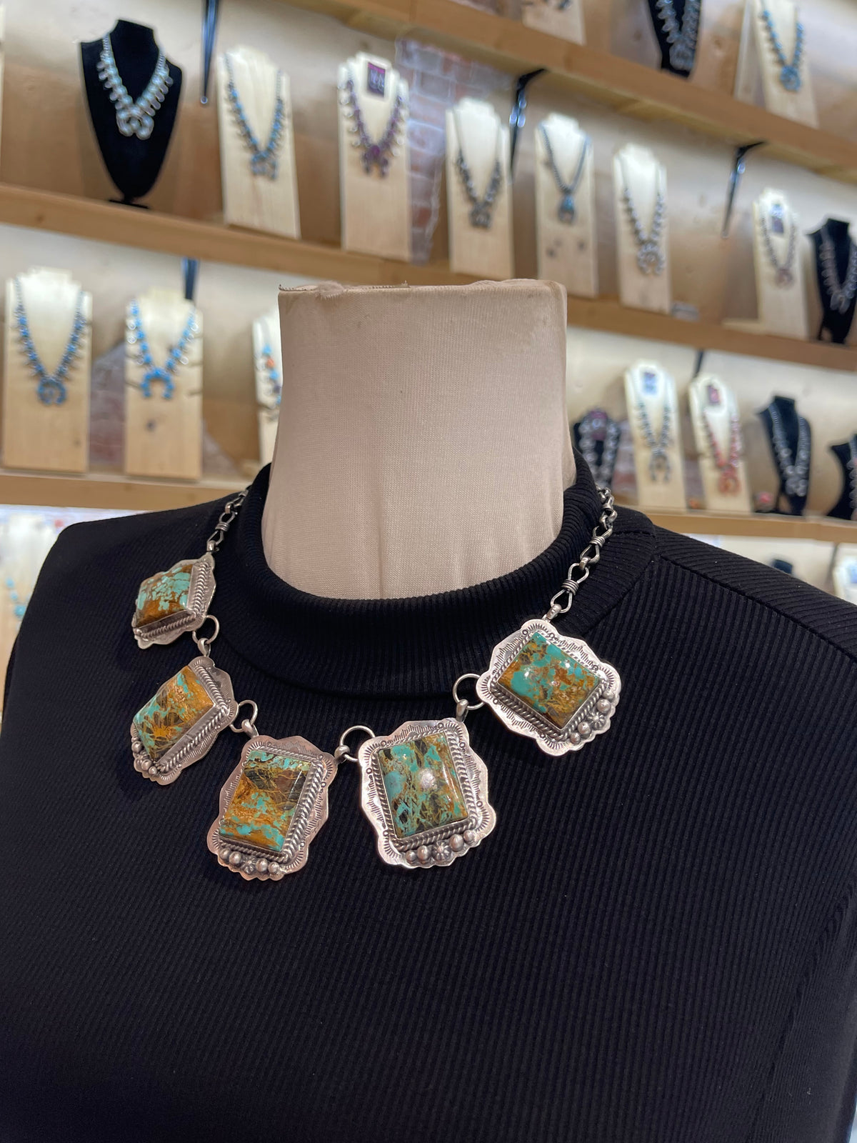 18" 5 Stone Blackjack Turquoise Necklace by Lyle Piaso, Navajo
