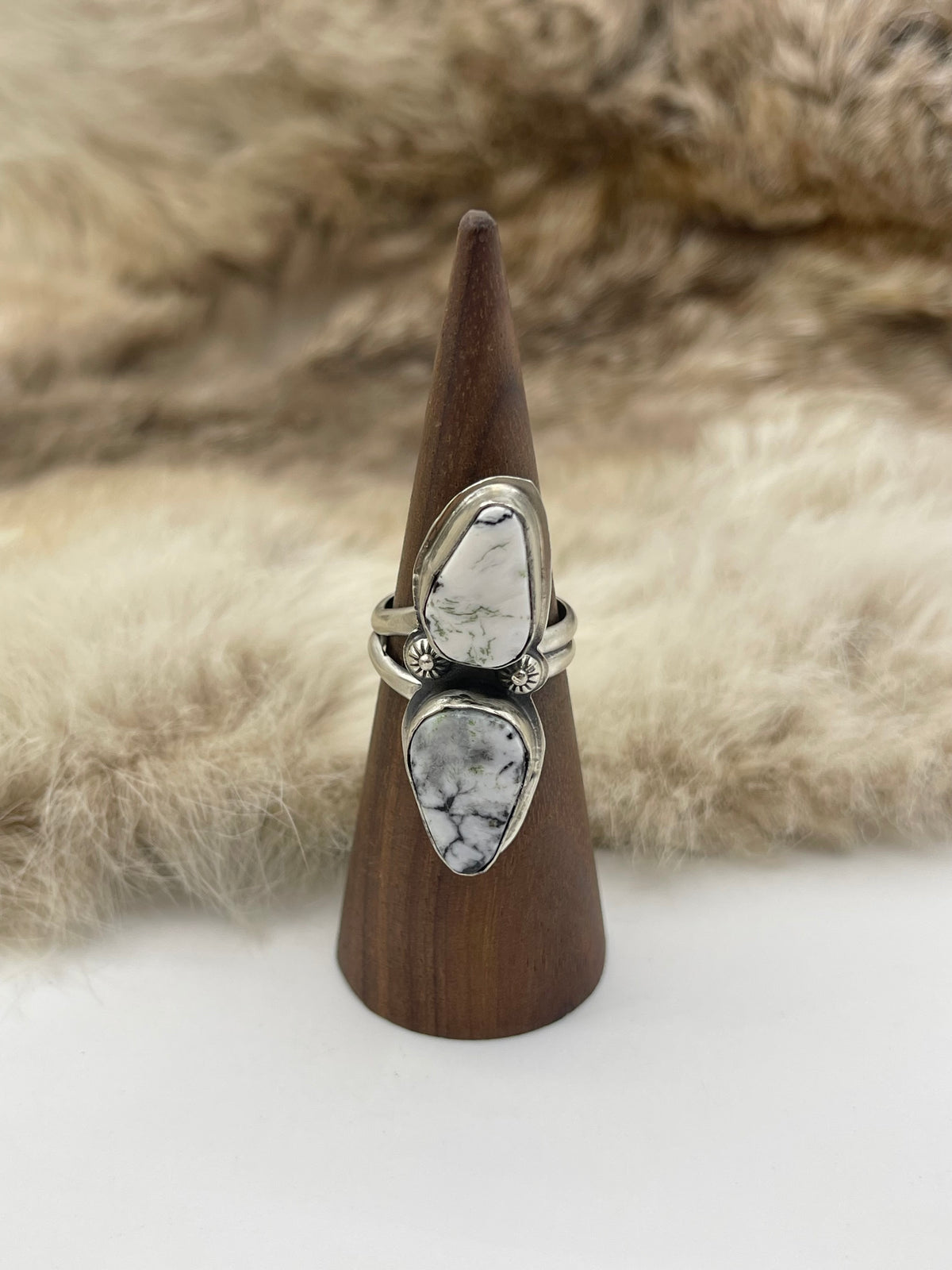 7.5 Semi Adjustable 2 Stone White Buffalo Ring by Boyd Ashley, Navajo