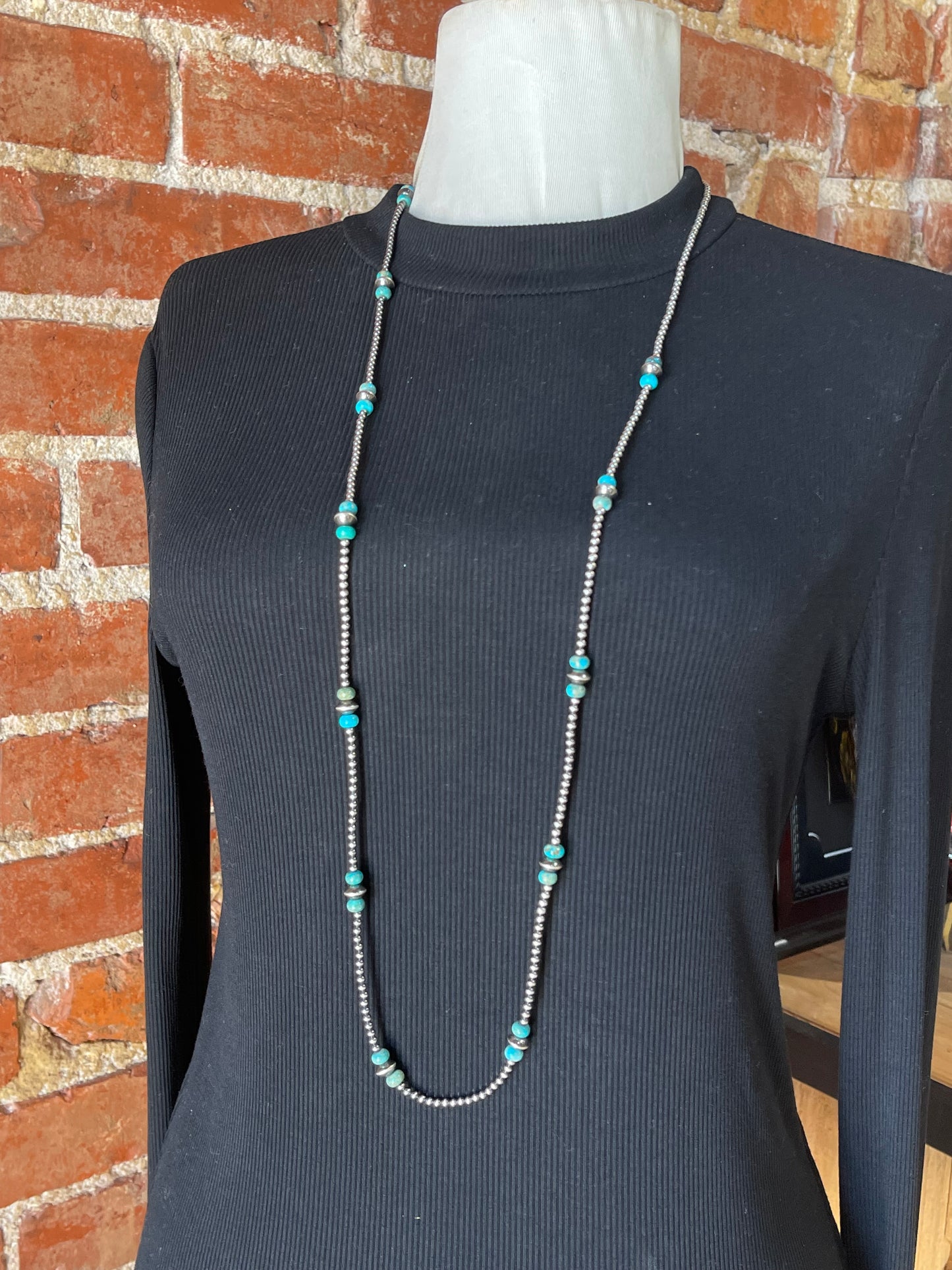 40" Navajo Style Pearls with Turquoise Varied Size Necklace