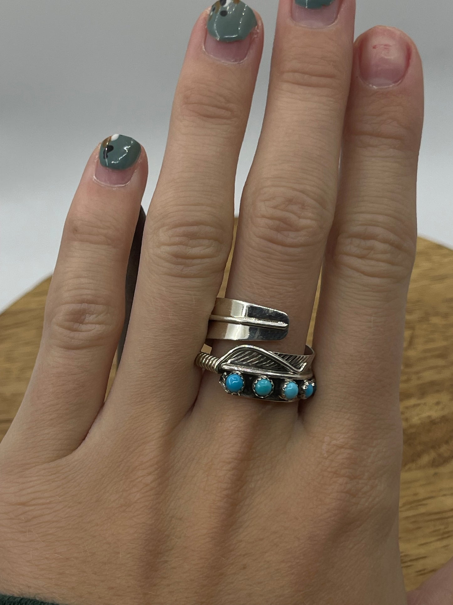 Adjustable Feather Turquoise Ring by Aaron Davis, Navajo