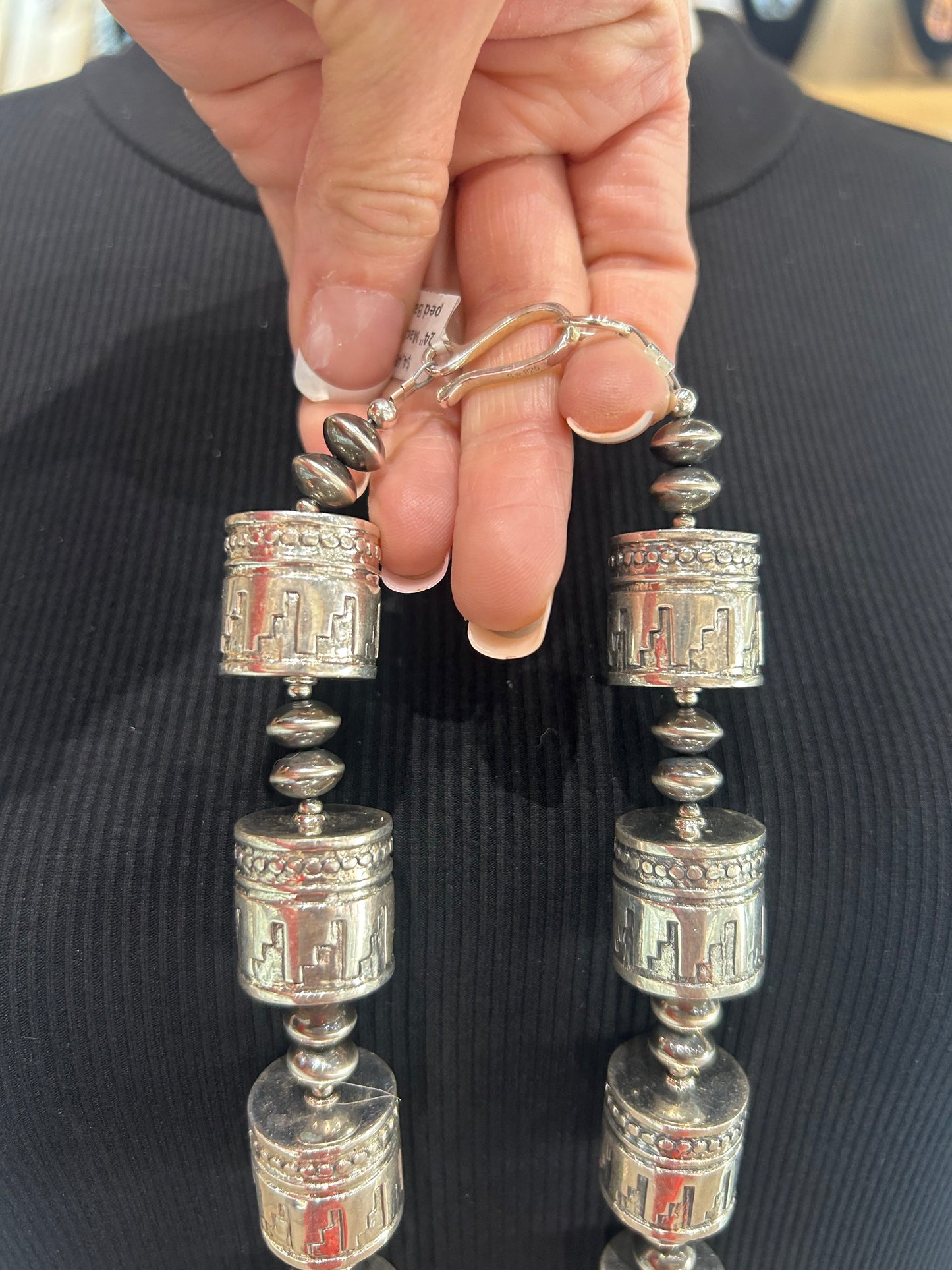 24" Machine Stamped Barrel Beads with Navajo Style Pearls Necklace