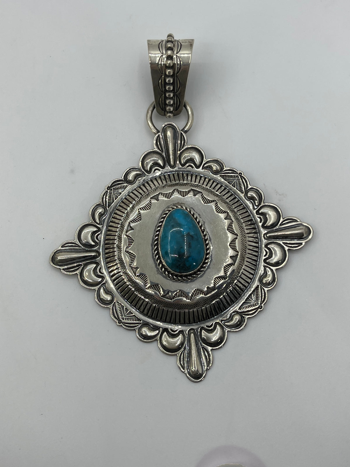 Large Sterling Silver Pendant with Kingman Turquoise Stone by Roland Dixon, Navajo
