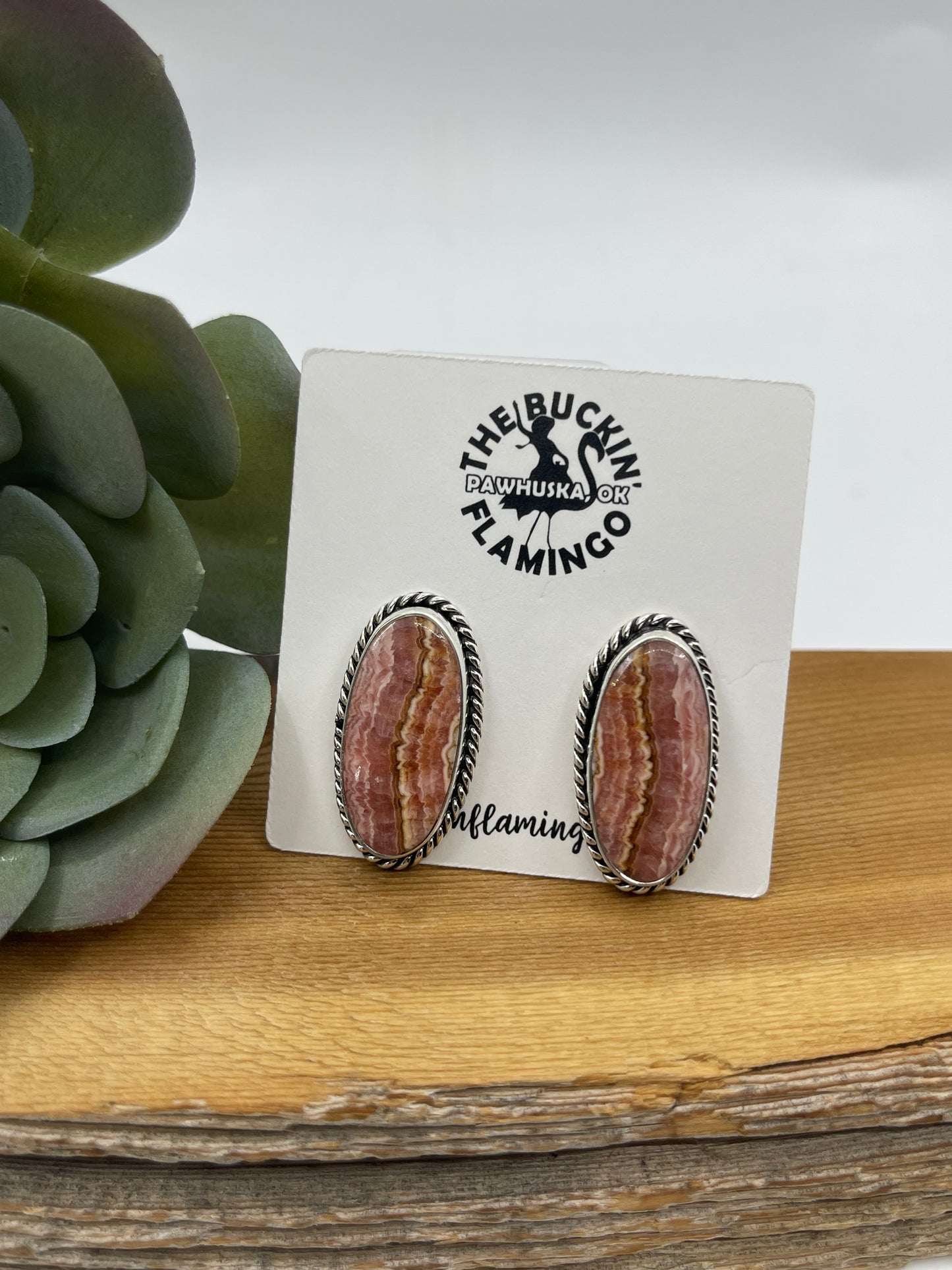 Oval Rhodochrosite Post Earrings by Duane Smith, Navajo