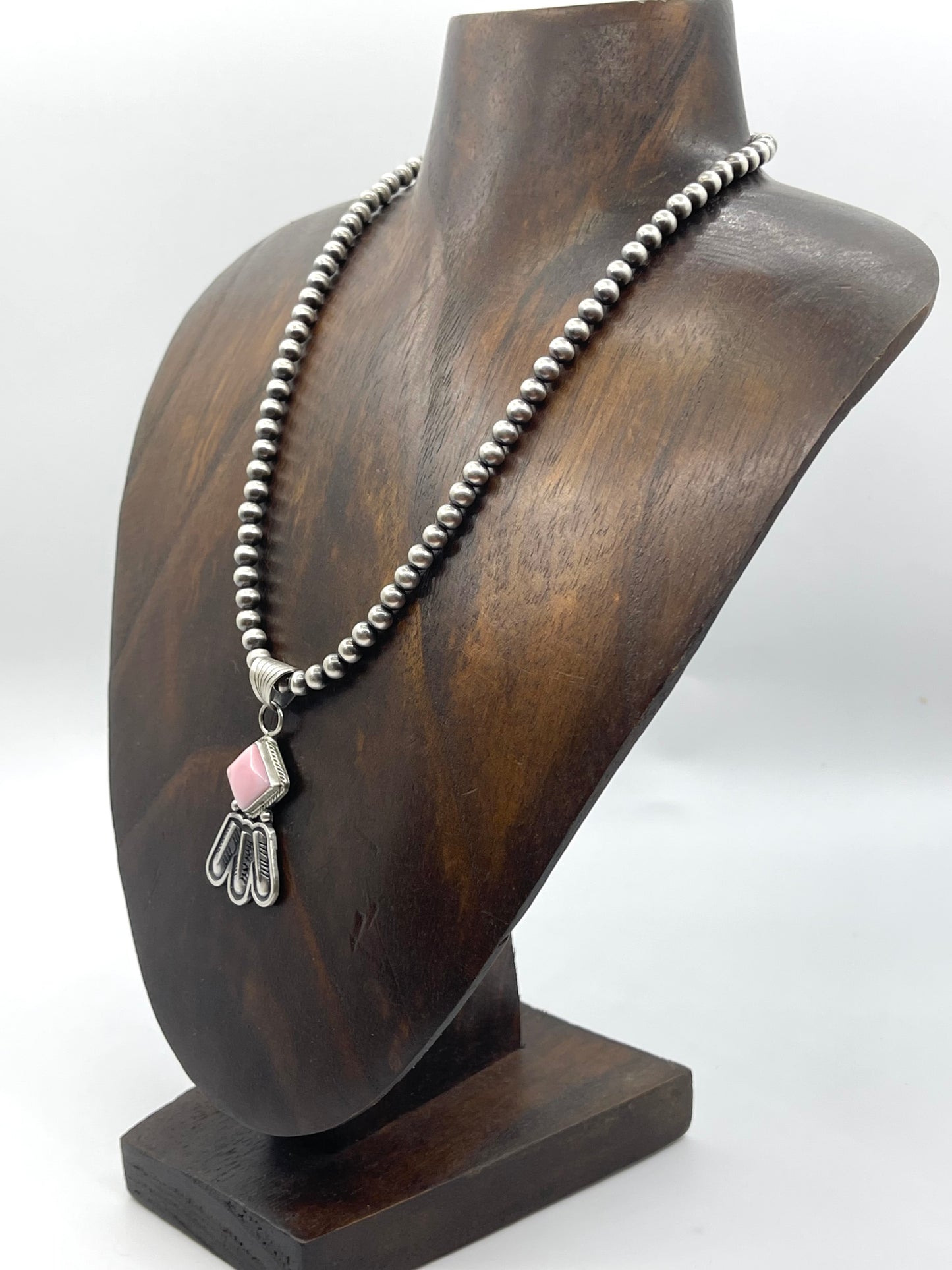 16" 5mm Navajo Style Pearls with Pink Conch Shell 3 Feather Pendant by Sharon McCarthy, Navajo