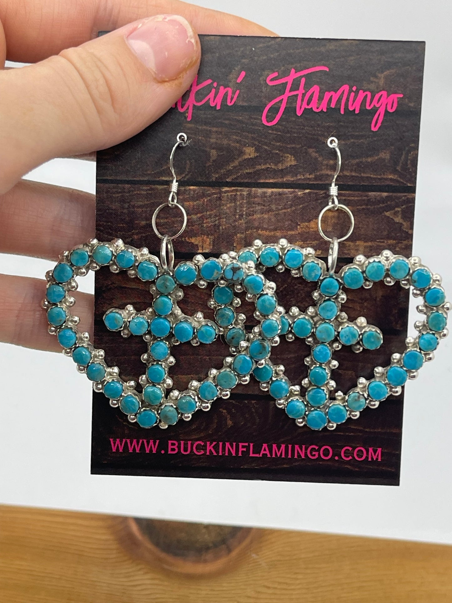 Turquoise Heart With Cross Dangle Earrings by Marlon Quam, Zuni