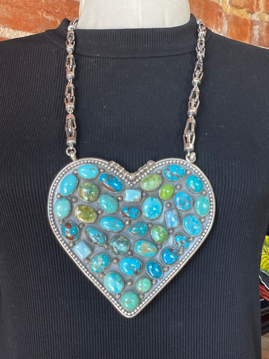 Large Turquoise Heart Necklace by Gilbert Platero, Navajo