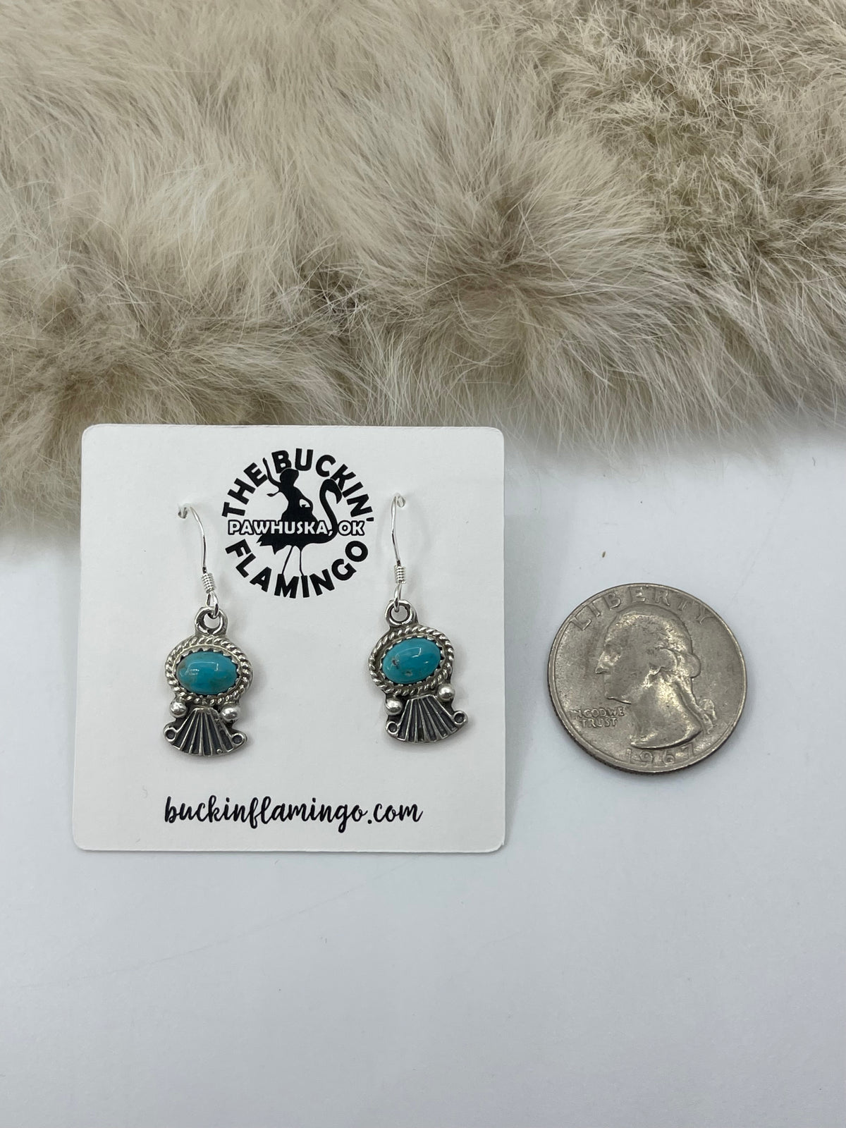 Tiny Turquoise Dangle with Silver Fan Design Earrings by Sharon McCarthy, Navajo