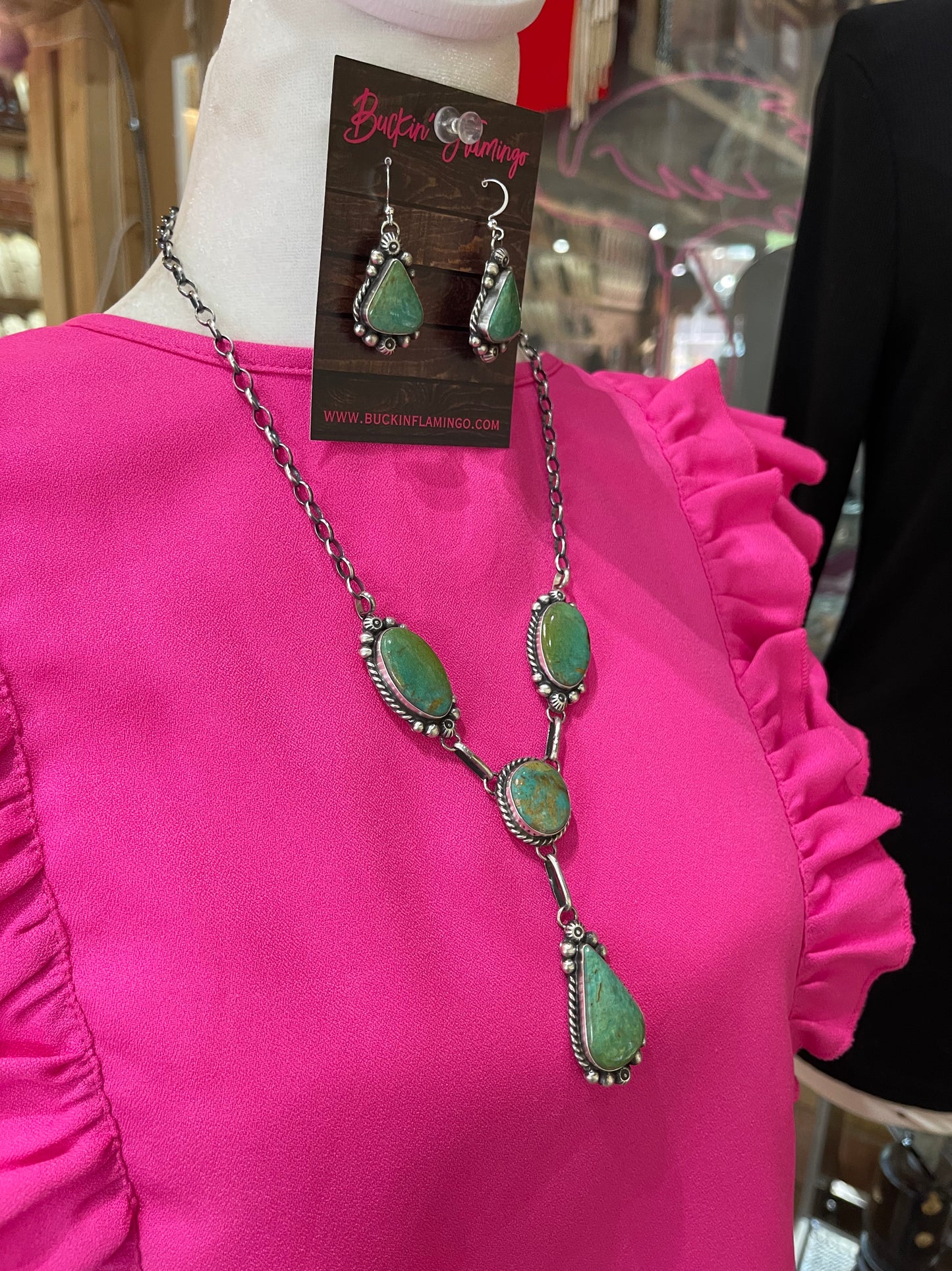 24" Turquoise Lariat Necklace and Dangle Earrings Set by Augustine Largo, Navajo