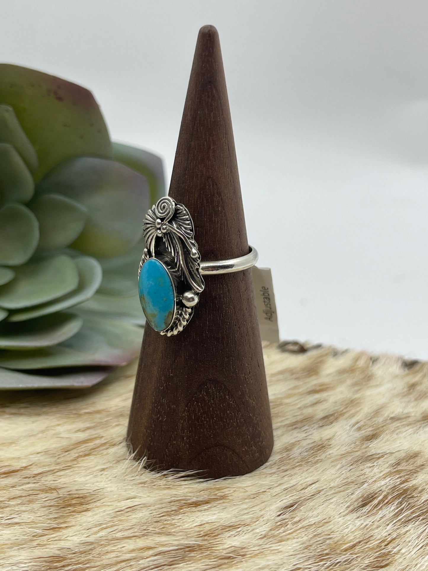 Adjustable 5.0-9.0 Turquoise Oval Ring by Gwendolyn Burnside, Navajo