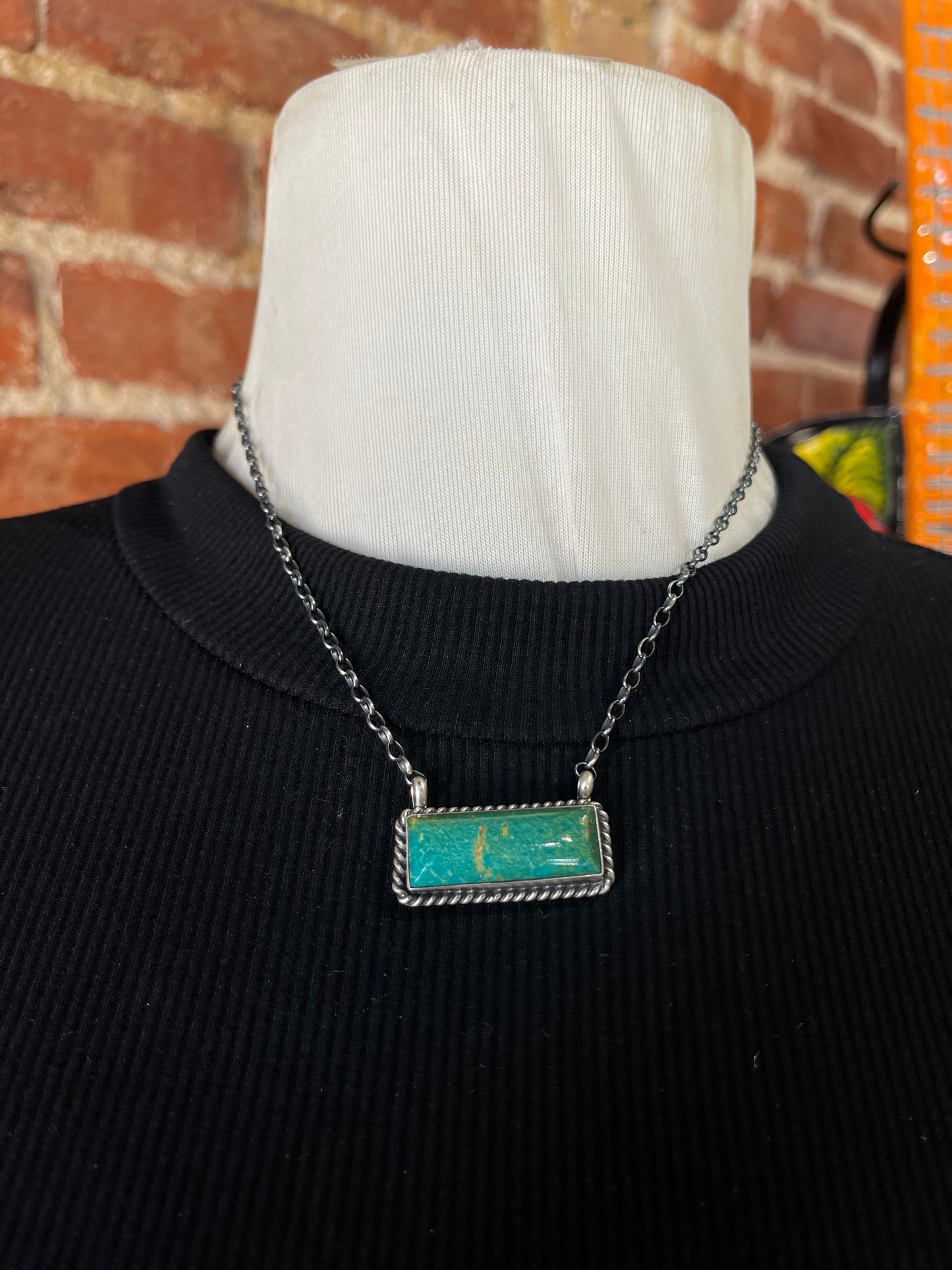 16" Dark Green Kingman Turquoise Bar Necklace by Johnny Dixon, Navajo