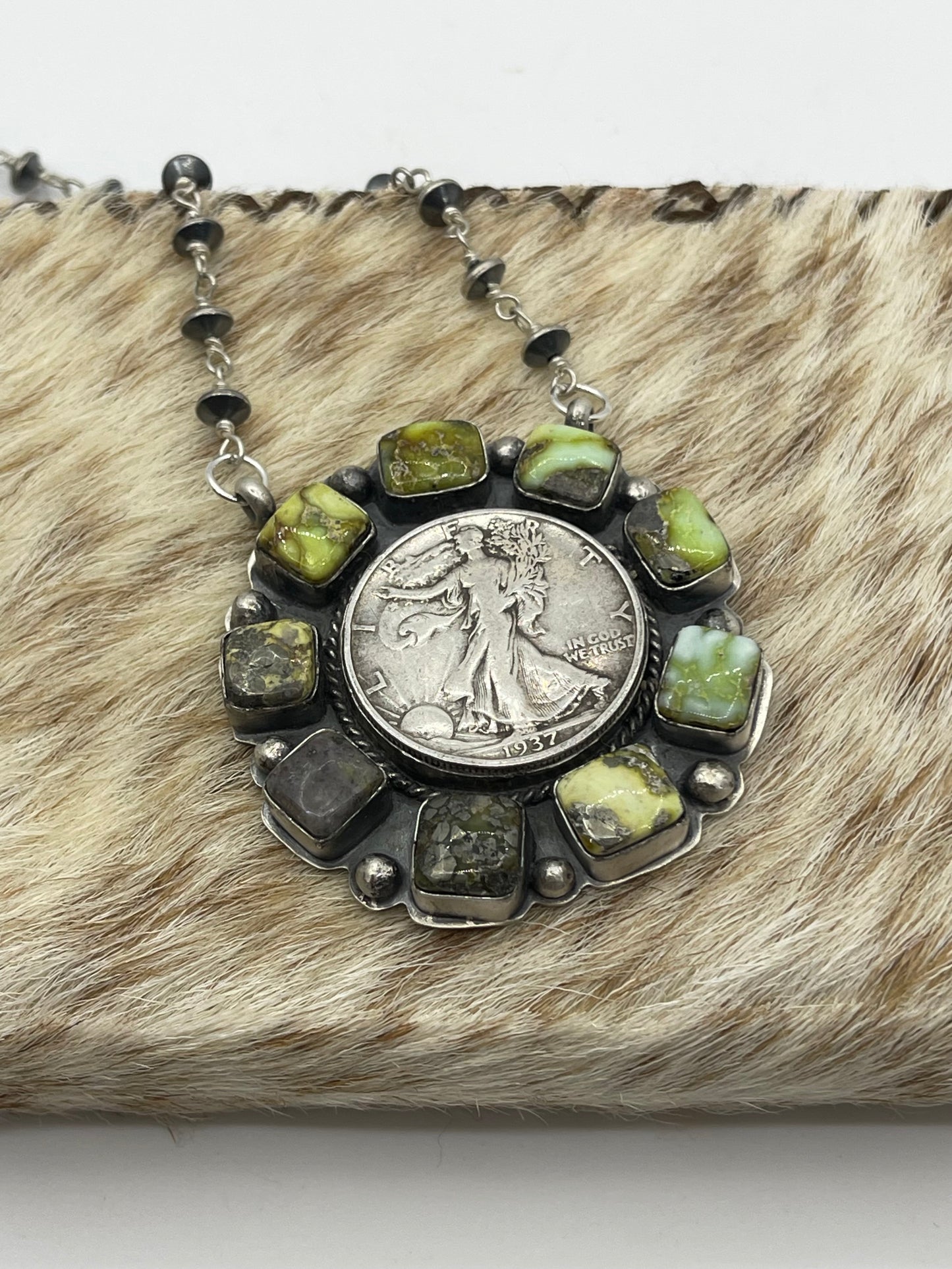 19" 1937 Half Silver Dollar Palomino Turquoise Necklace