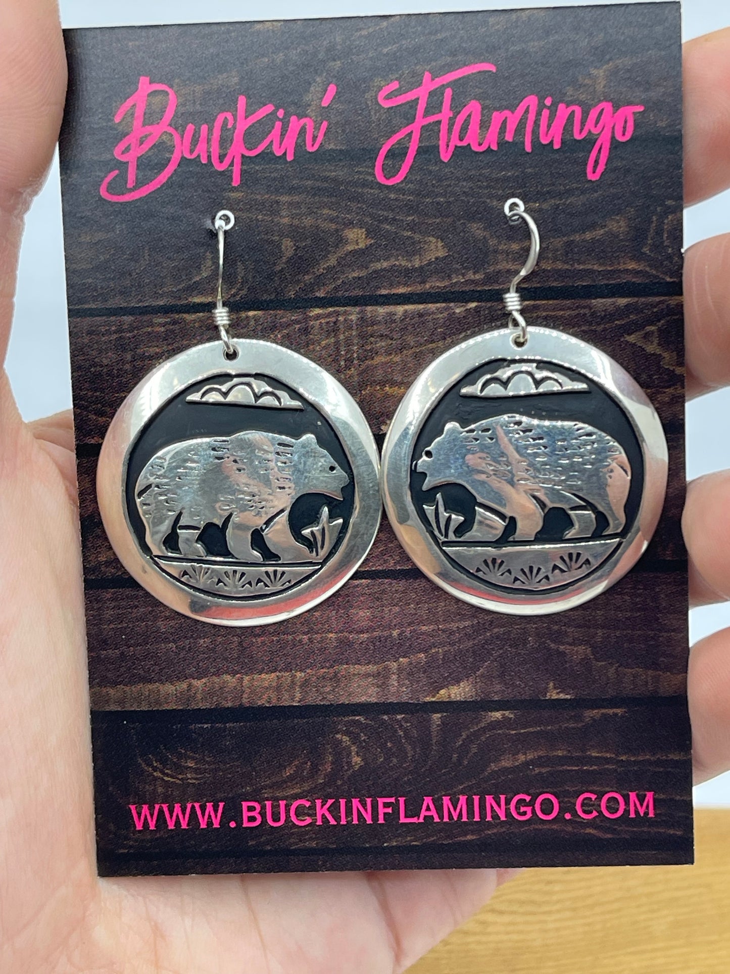 Silver Overlay Bear Circle Dangle Earrings by Tommy and Rose Singer, Navajo