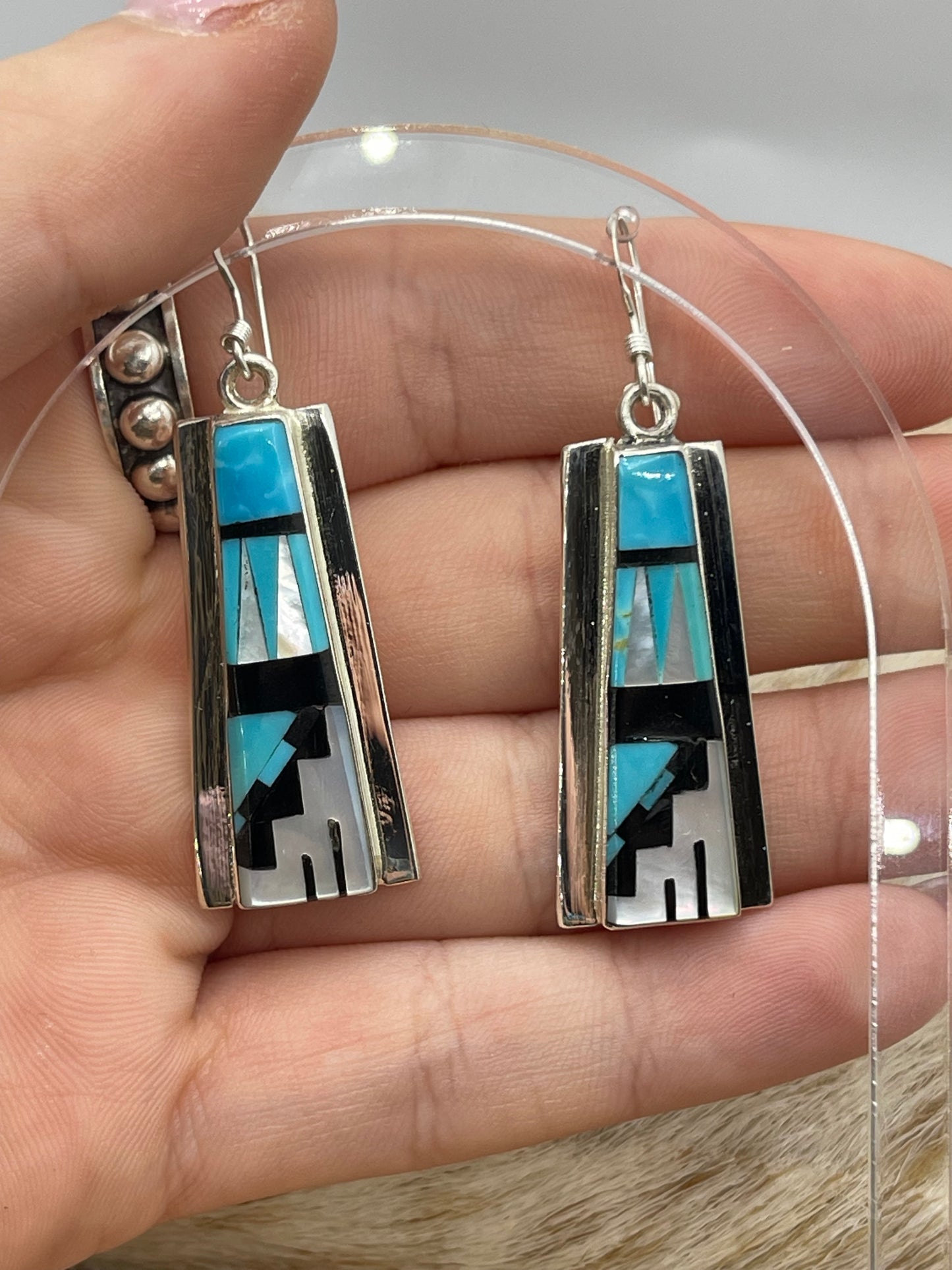 Inlaid Turquoise, Onyx, Mother of Pearl, and Red Coral Earrings by Patty Edaakie, Zuni