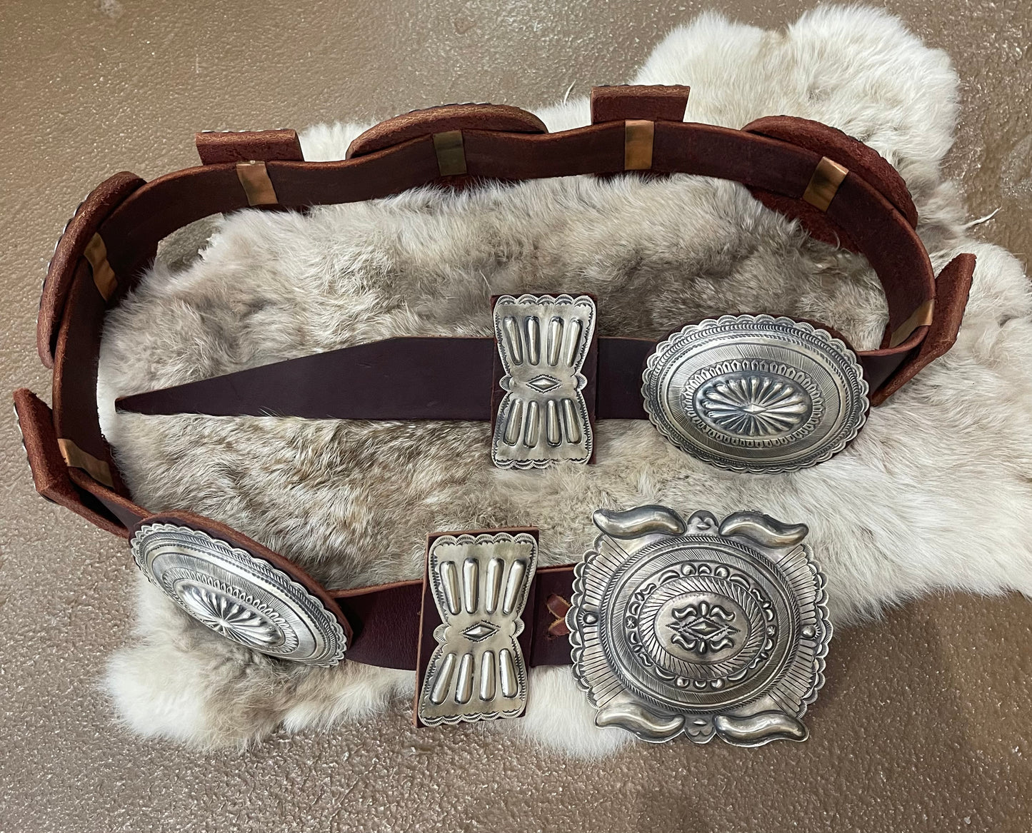 44" Large Concho Leather Belt by Eugene Charley, Navajo