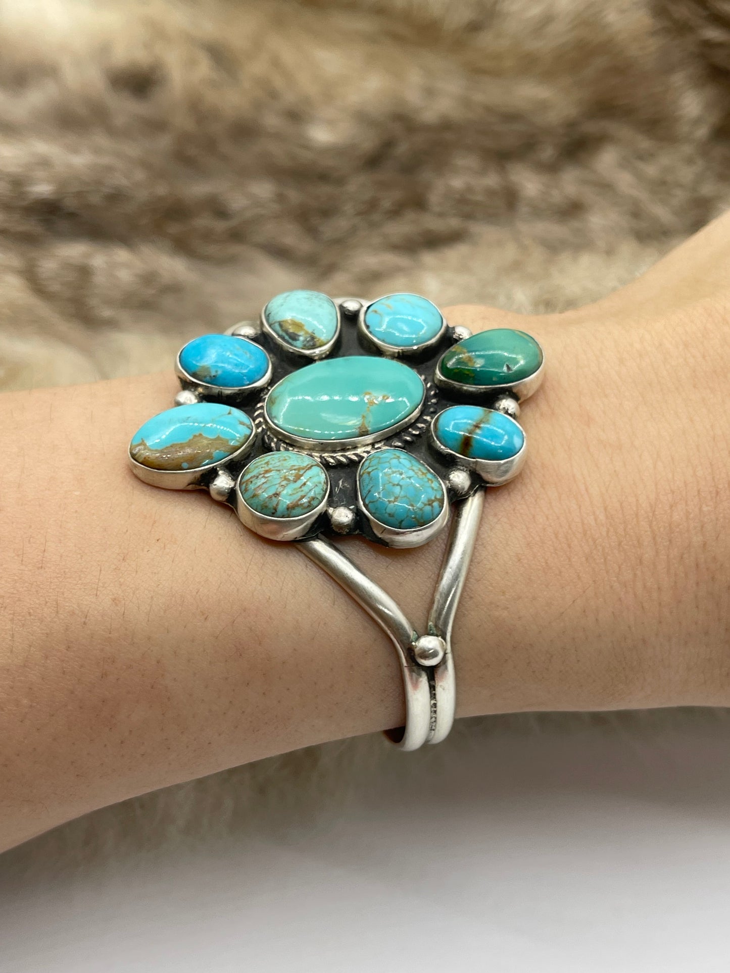 5.5"-7" Kingman Turquoise Cluster Cuff by Geraldine James, Navajo