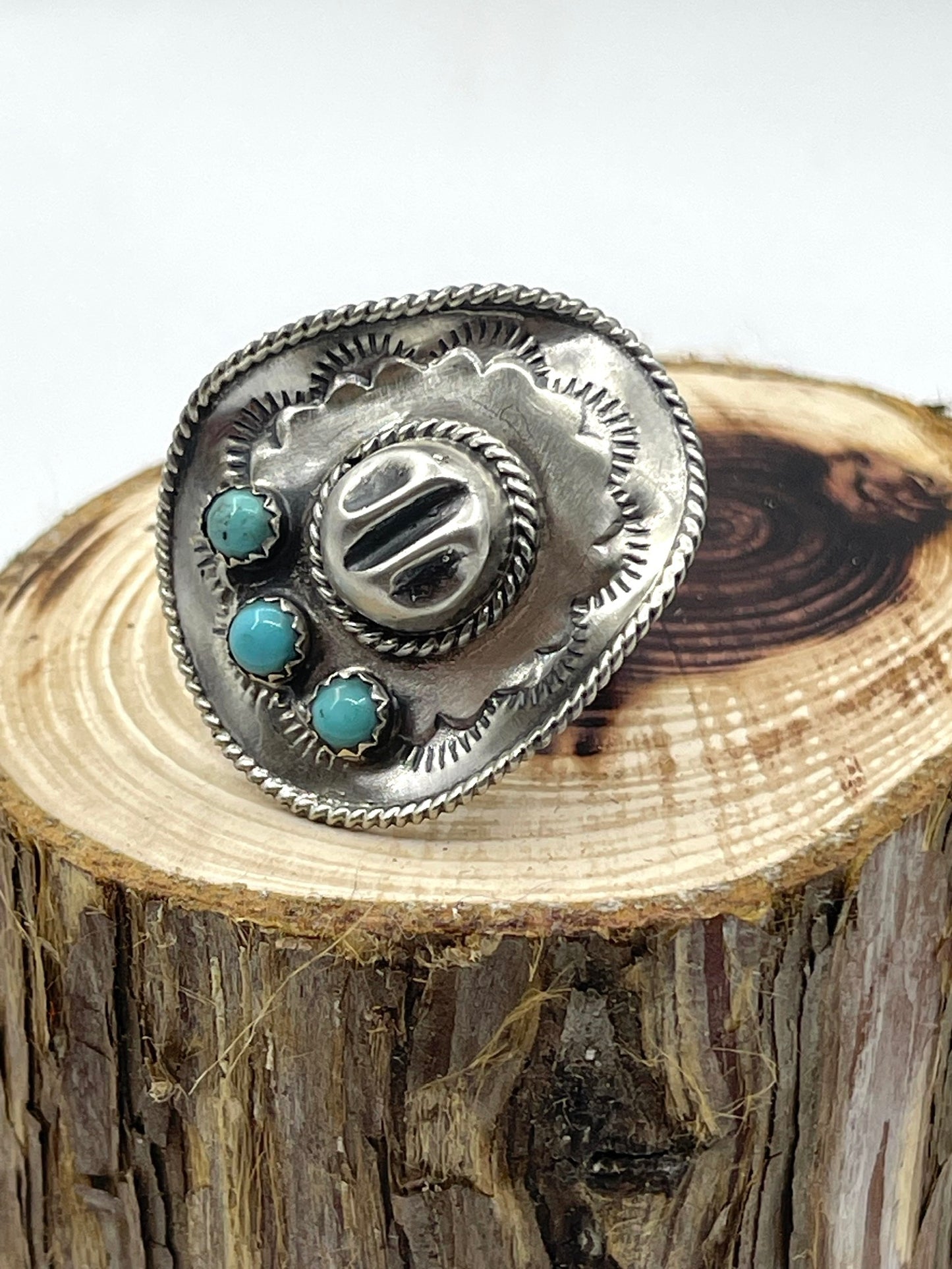 9.0 Sterling Cowboy Hat Ring with 3 Turquoise Stones by Bobby Platero, Navajo