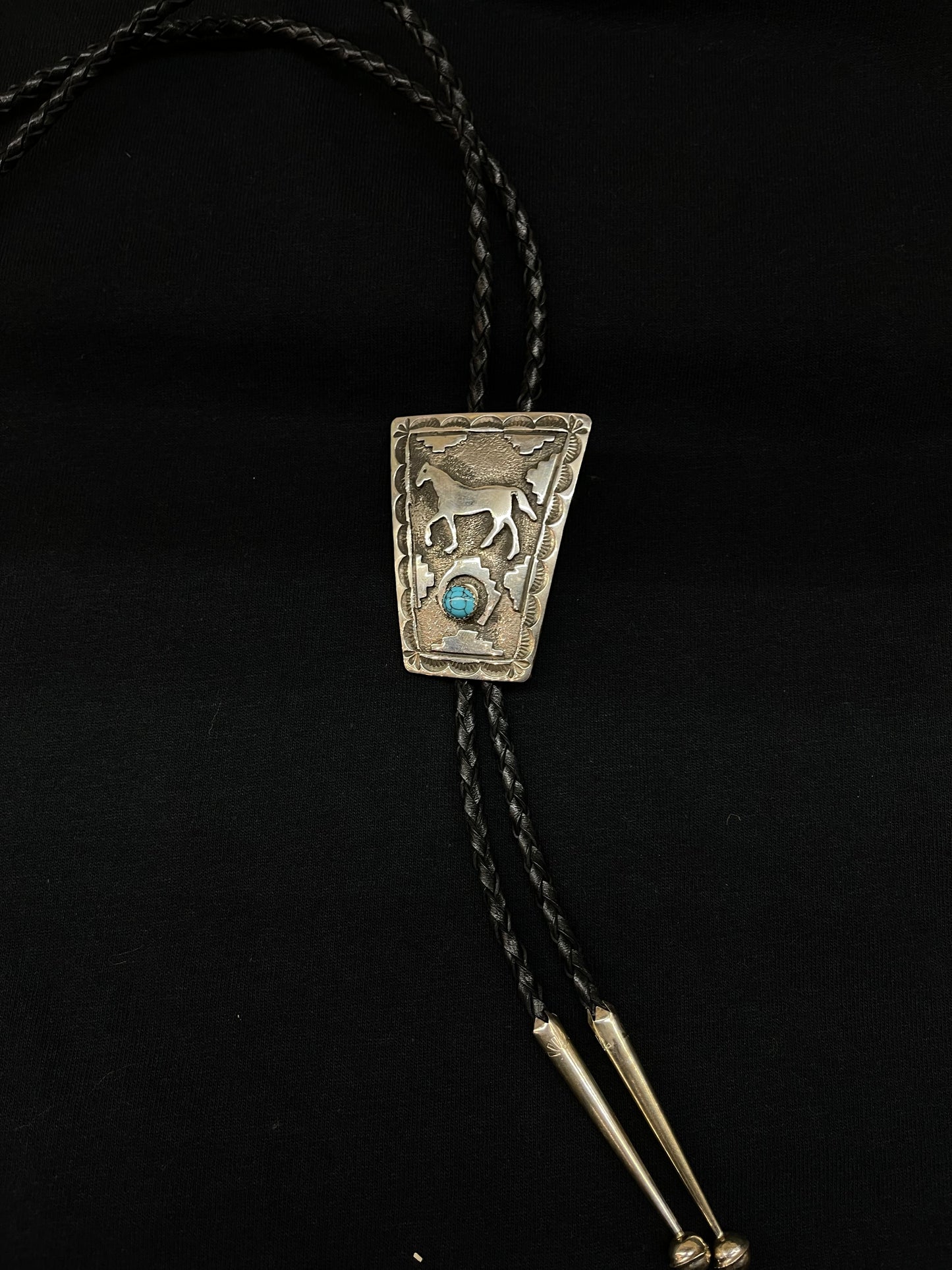 Turquoise Horse Stamped Bolo Tie by Emerson Kinsel, Navajo