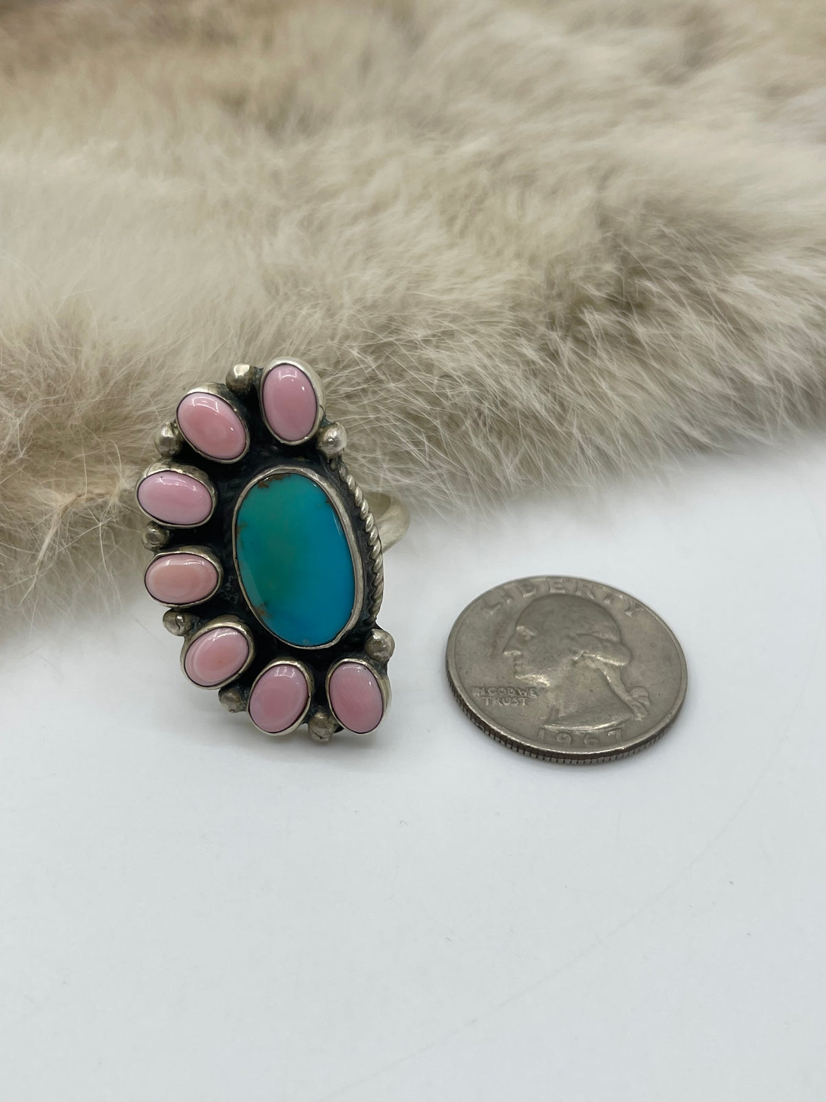 7.0 Half Cluster Turquoise & Pink Conch Shell Ring by Geraldine James, Navajo