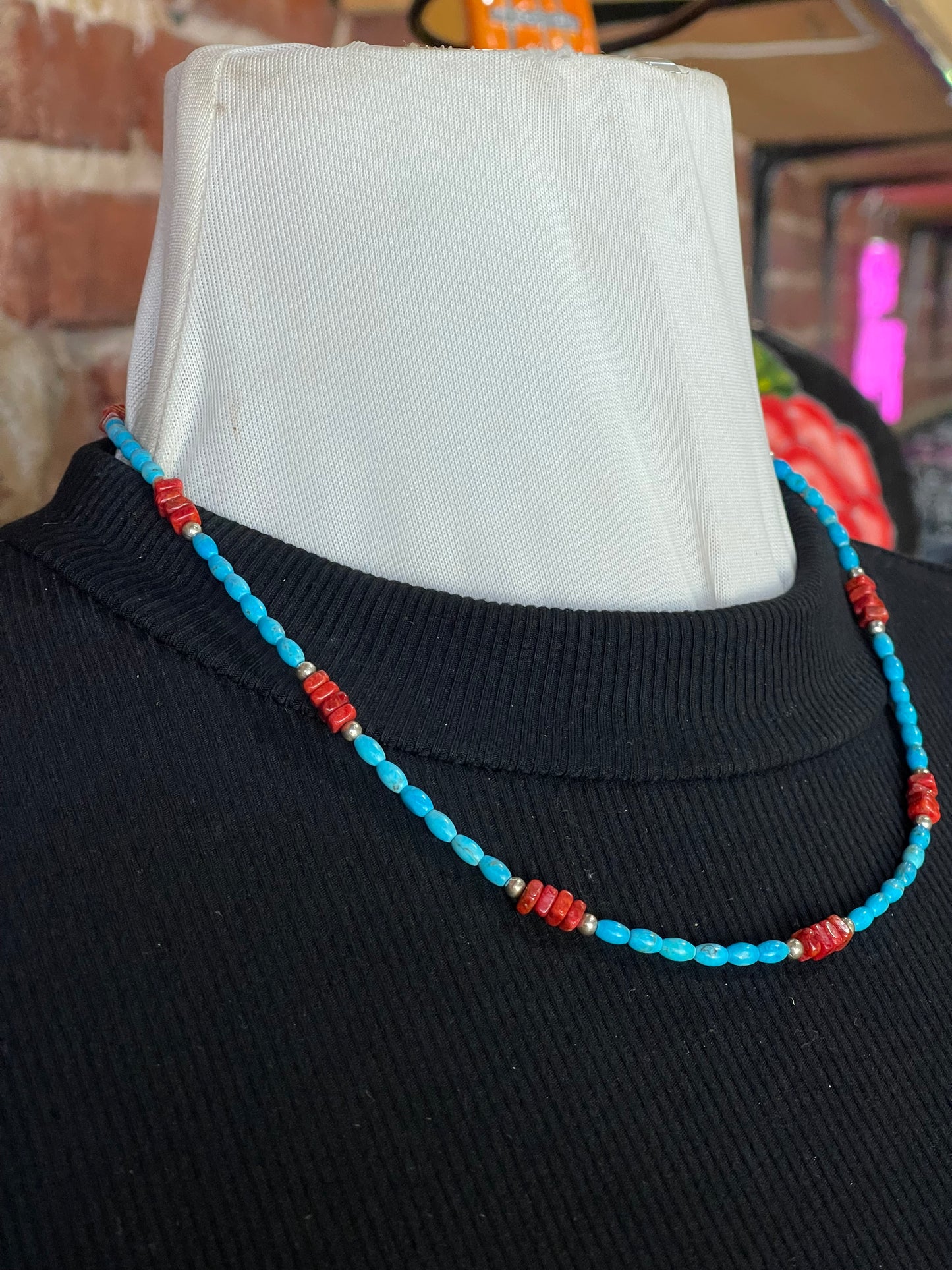 18" Turquoise and Apple Coral Necklace