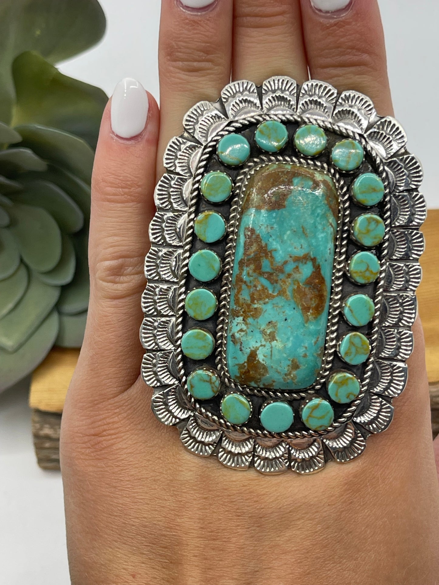 Adjustable Kingman Turquoise Cluster Ring by Larry Etsitty, Navajo